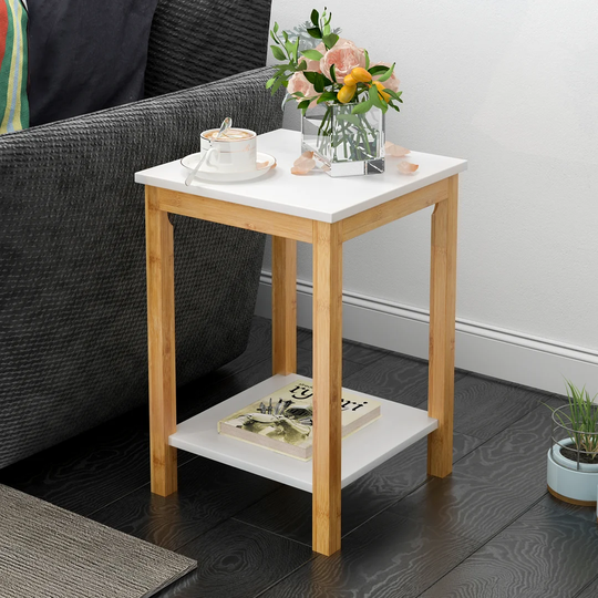Wooden Side Table Home Office End Tables With 2 Shelves Laptop Computer Desk Beside Bed Sofa Table For Living Room Bedroom Kitchen