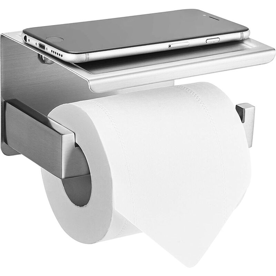 Brushed Nickel Toilet Paper Holder, Adhesive Toilet Paper Holder with Shelf, Self Adhesive No Drilling or Wall Mount with Screws for
