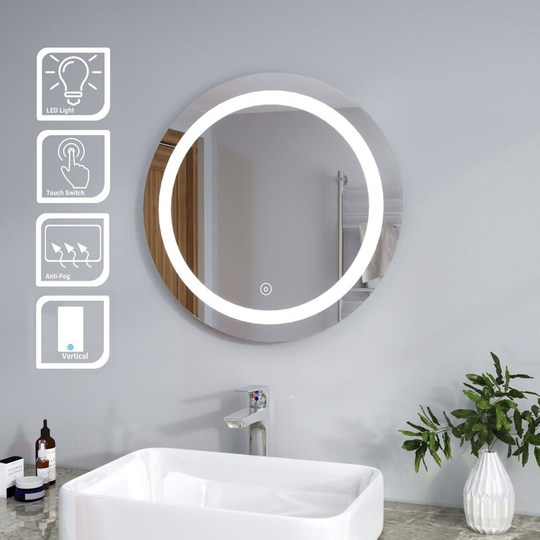Elegant - Bathroom Mirror Round Illuminated led Mirror Touch Sensor + Demister 600 x 600mm