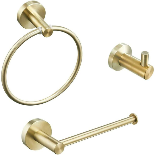 3 Piece Brushed Gold Bathroom Accessory Set Wall Mounted Toilet Accessories - Hook Holder, Paper Holder, Towel Ring