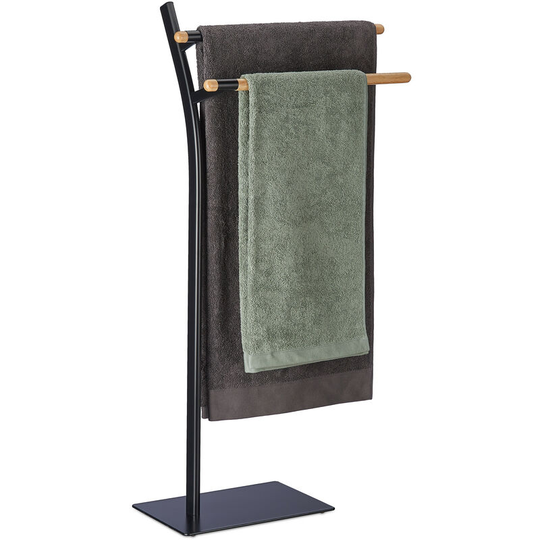 Free-Standing Towel Holder, HxWxD: 83.5 x 51.5 x 20cm, 2 Rails, Drying Stand, Rubberwood & Steel, Black/Brown - Relaxdays