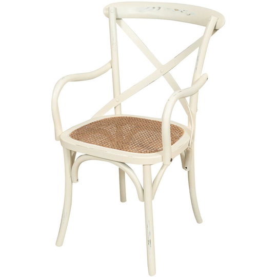 Thonet armchair with armrests made of solid ash in white antiqued finish and Vienna straw seat