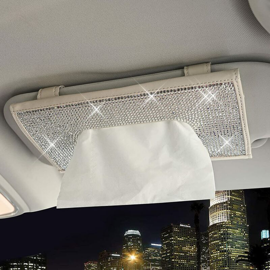 1 Pack Bling Bling Car Visor Tissue Box Holder, Sparkling Crystal Towel Holder, Back Seat pu Leather Tissue Box, Women Car Accessories, Beige White