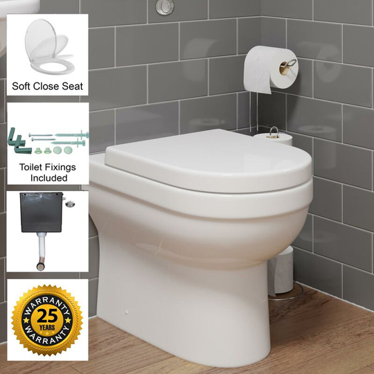 BTW Back To Wall Toilet Pan D-Shape Soft Close Seat Concealed Cistern Dual Flush - White