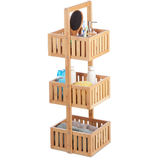 Bamboo Bathroom Shelf, Free Standing Wooden Caddy with 3 Tiers, Slim Kitchen Rack, hwd 82.5 x 27 x 26.5 cm, Natural - Relaxdays