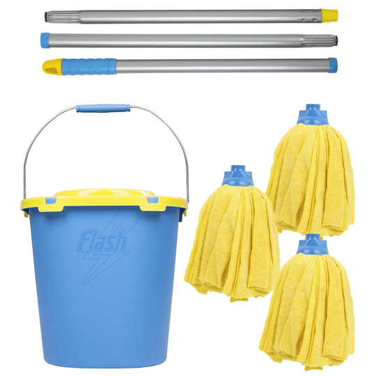 Flash 100% Microfibre Mop With 2 Mop Head Refills & Mop Bucket