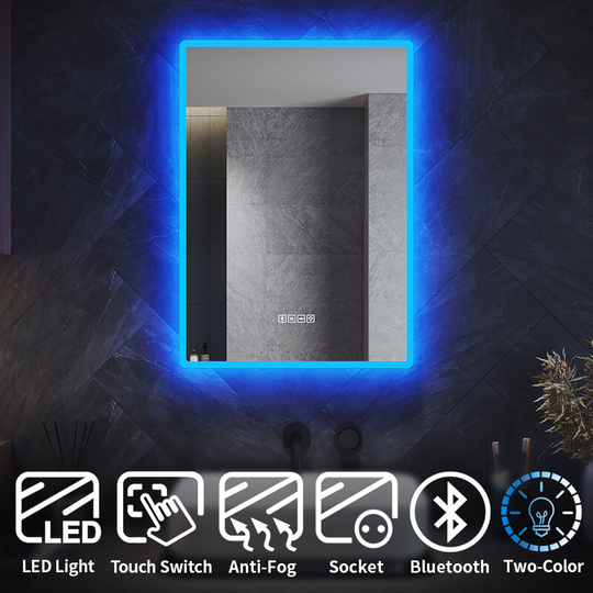 Bluetooth Bathroom led Mirror Light with Shaver Socket Demister Pad Touch Switch Blue/White 2 Colors Backlit Vertical/Horizontal 700x500mm - Elegant