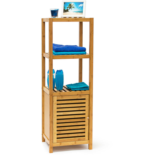 Bamboo Bathroom Shelf with 4 Shelves, 110 x 36.5 x 33 cm, Rack with Wooden Door Free-Standing Shelf Wood 4-Tier Stand, Natural Colour - Relaxdays