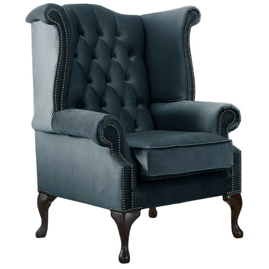 Chesterfield Queen Anne High Back Wing Chair Malta Peacock Blue Velvet Fabric