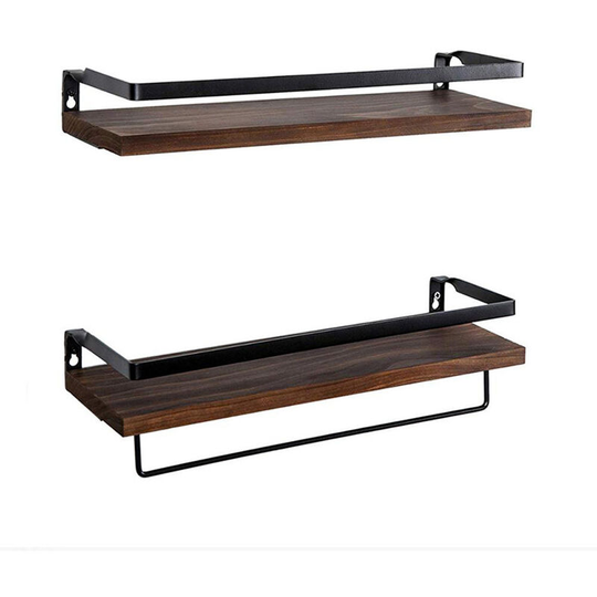 2 pcs wall mounted wooden floating wall shelves towel rail decorations kitchen storage towel rack wall mounted bathroom dark Brown - Brown