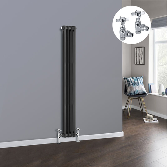 Anthracite 2 Column Traditional Cast Iron Style Radiator with Chrome Angled Cross Head Manual Valves Vertical 1500x200mm