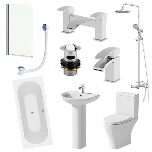 Arles Bathroom Suite with Double Ended Curved Bath, Taps, Shower & Screen - 1700mm