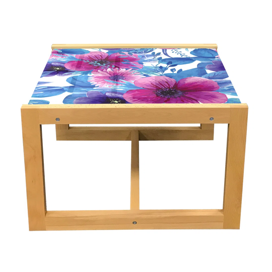 Floral Coffee Table, Bohemian Romantic Wild Flora In Watercolor Style, Acrylic Glass Center Table With Wooden Frame For Offices Dorms Azure Blue Magen