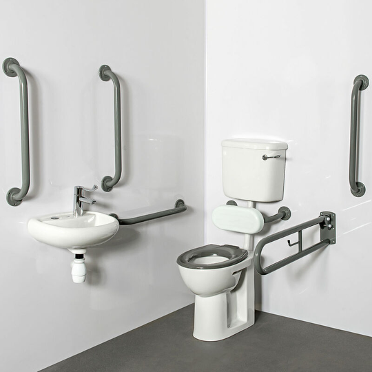 NymaPRO Low Level Doc m Toilet Pack with Exposed Fixings and TMV3 Valve - Grey Grab Rails - Nymas