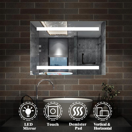 450x600 Bathroom led Mirrors with Lights Wall Mounted,Demister Pad,Dual Touch Sensor,IP44,Portrait or Landscape-Strip - Acezanble