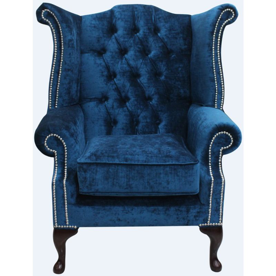Chesterfield Queen Anne High Back Wing Chair Pastiche Petrol Blue Velvet