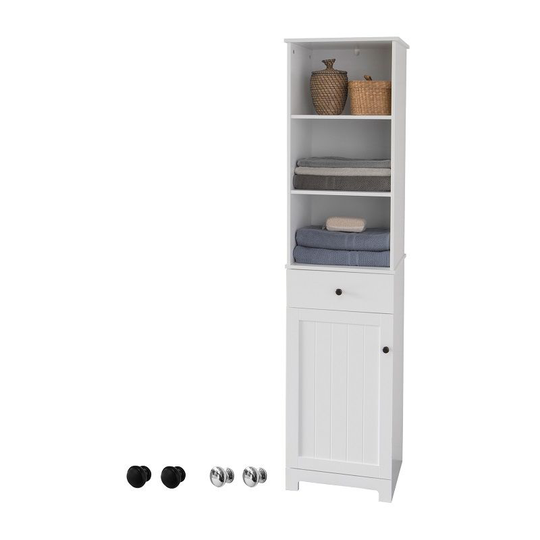 White Floor Standing Tall Bathroom Storage Cabinet with 3 Shelves 1 Drawer 1 Cabinet,BZR17-W - Sobuy