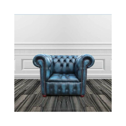 Chesterfield Buttoned Seat Low Back Club ArmChair Antique Blue Leather