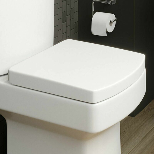 Modern White Square Toilet Seat Soft Closing Silent Chrome Hinges - White