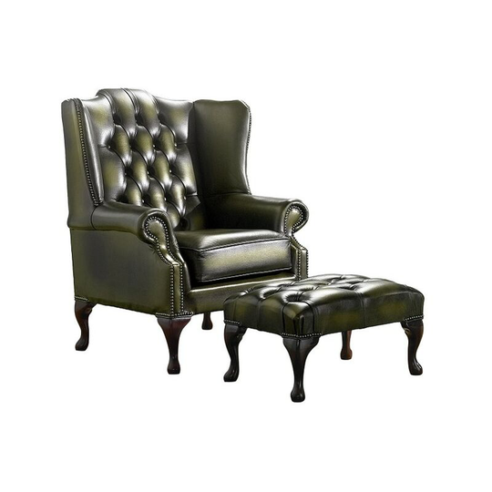 Chesterfield Handmade Mallory Flat Wing Back Armchair Antique Olive Leather + Footstool
