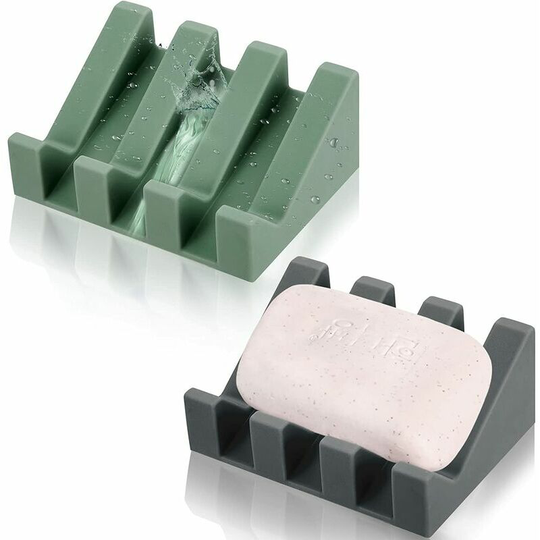 Silicone Soap Dish Self Draining Soap Dish Shower Waterfall Bar Soap Holder Tray with Drain Soap Saver(Green, 2)