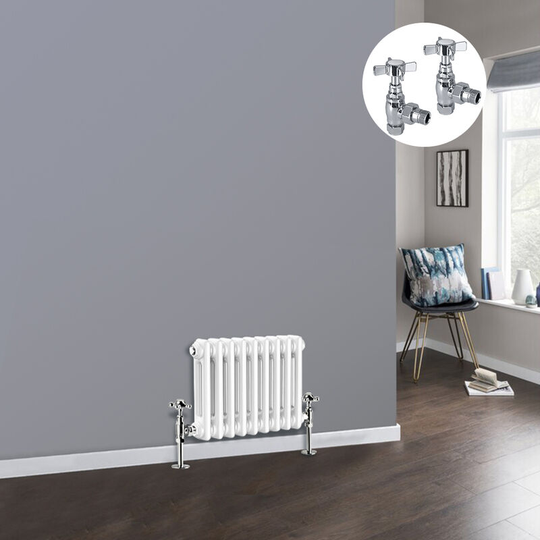 White 2 Column Traditional Cast Iron Style Radiator with Chrome Angled Cross Head Manual Valves Horizontal 300x425mm