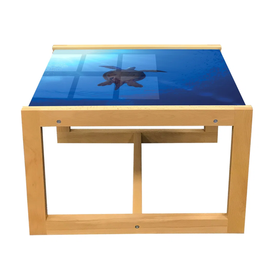 Ocean Coffee Table, Turtle Swims To The Surface Of Deep Sea The Sun Rays Nature Picture Art, Acrylic Glass Center Table With Wooden Frame For Offices