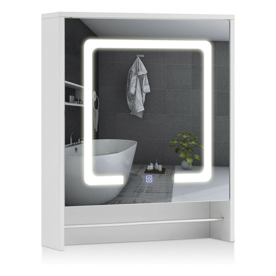 Clipop - Bathroom Mirror Cabinets with led Lights, 70 x 58 x 15.5cm Bathroom Wall Cabinets With Towel Rail and 2 Adjustable Storage Shelves