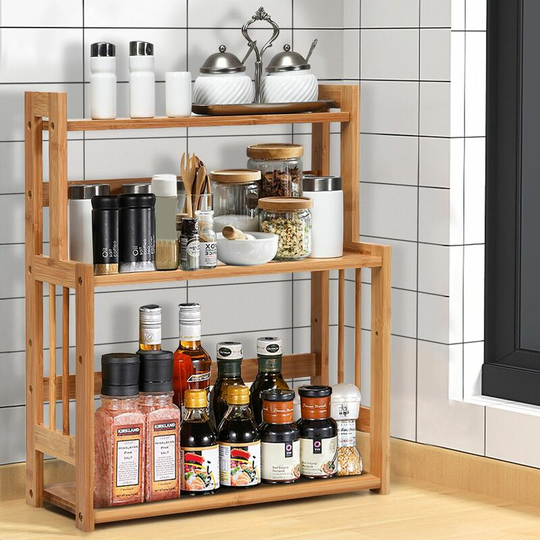 3 Tiers Bamboo Spice Rack Kitchen Organiser Storage Shelf Adjustable Shelf