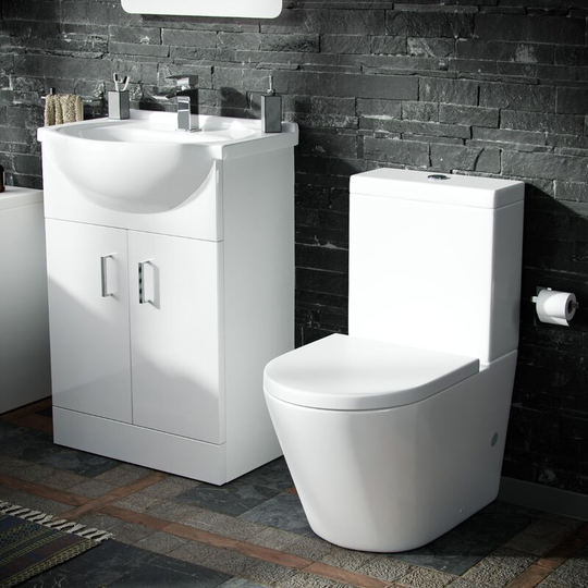 Neshome - Dyon 550mm Floor Standing Basin Flat Pack Vanity Unit White & Rimless Close Coupled Toilet White