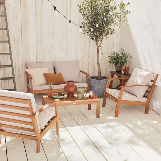 Alice's Garden - 4-seater wooden garden sofa - Ushuaïa - Off-white cushions, acacia wood sofa, armchairs and coffee table, designer piece - Wood