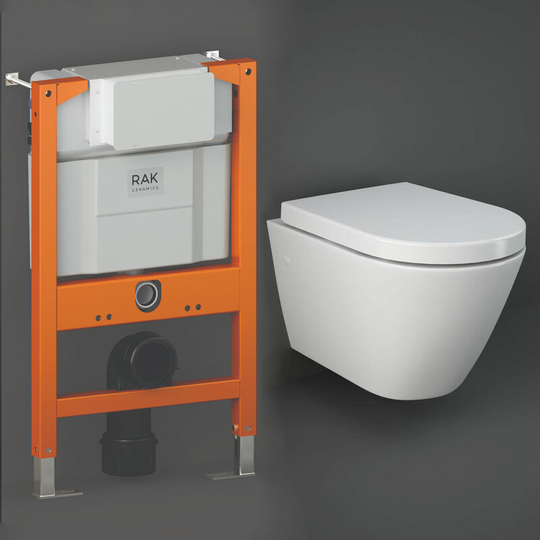 Rak Ceramics - rak Resort Rimless Hidden Fixations Wall Hung Toilet with Ecofix 820mm Toilet Frame - Soft Close Seat
