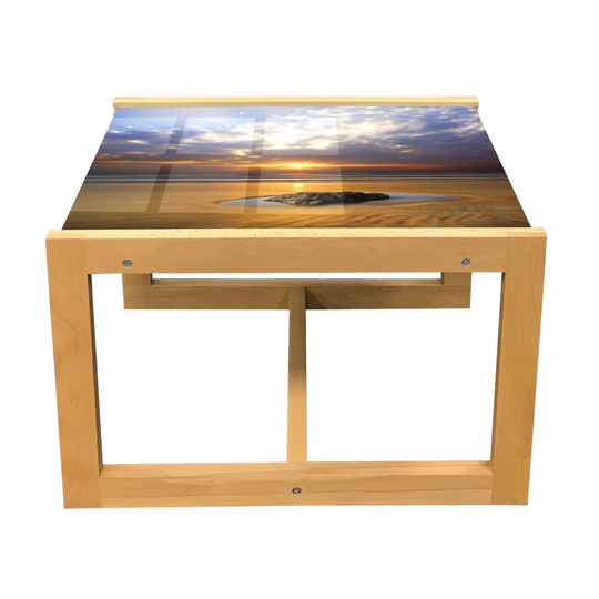 Ocean Coffee Table, Reflection Of Sunset On Coast Sunbeams Cloudy Sky Touristic Image, Acrylic Glass Center Table With Wooden Frame For Offices Dorms