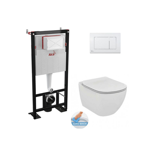 Alca - Toilet set Self-supporting frame + Tesi rimless toilet invisible fixings + Softclose seat + White flush plate ( Tesi-M270)