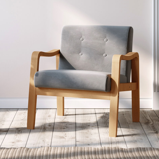 Modern Linen Fabric Buttoned Armchair Soild Wooden Frame, Grey - Livingandhome