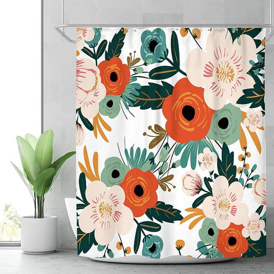 Fabric Spring Flower Shower Curtain Bathroom Decoration 70.87Wx70.87H Inch Red Floral Green Leaf Bathtub Accessories Girl Lady Herbal Plant