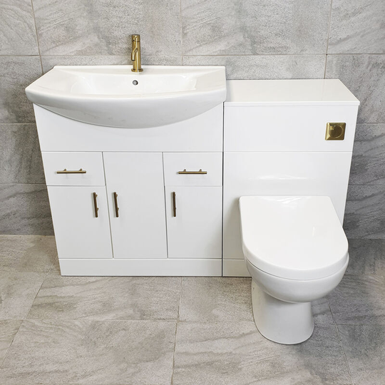 1250 1350 1450 Bathroom Vanity Suite with Sink + Toilet + Brushed Brass Handles, 1350mm-No Tap
