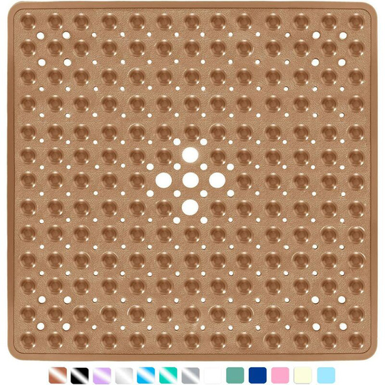 21 x 21 In Shower Mat for Bathtub, Non-Slip with Drain Holes Machine Washable, Clear Brown
