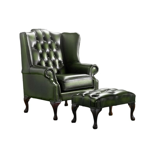 Chesterfield Handmade Mallory Flat Wing Back Armchair Antique Green Leather + Footstool