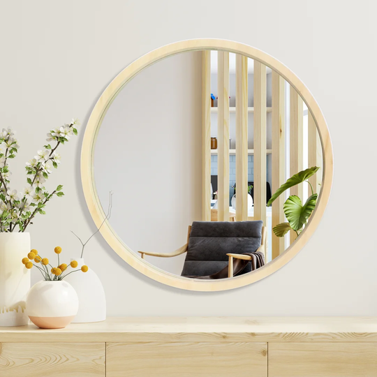 Tadley Round Wood Framed Wall Mounted Accent Mirror in Light Brown