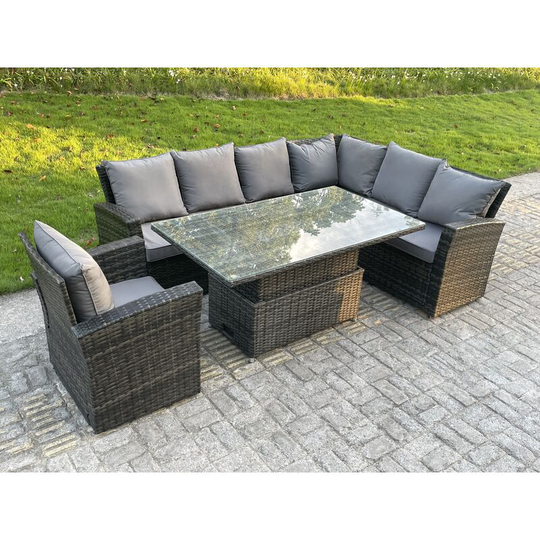 High Back pe Rattan Corner Sofa Set Garden Furniture Adjustable Rising Lifting Table Set With Armchair - Fimous