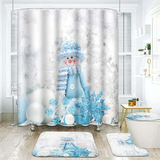Ilovemilan - 4 Piece Shower Curtain Sets with 12 Hooks, Christmas Snowman with Non-Slip Rugs, Toilet Lid Cover and Bath Mat, Durable and Waterproof,