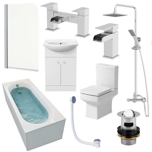 Royan Complete Bathroom Suite with Bath, Shower, Taps, Toilet & Vanity Unit - 1600mm