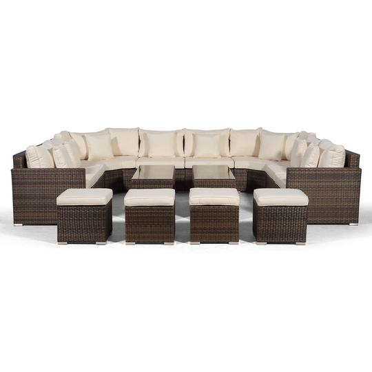 Villasenor Brown Rattan U Shape 8 Seat Sofa With 2 X 2 Stool Coffee Table, Outdoor Patio Garden Furniture