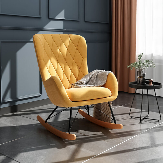 Rhombus Linen Rocking Chair Armchair with Pocket, Yellow - Livingandhome