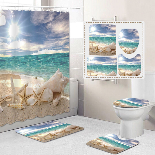 Shower Curtains with Soft Non-Slip Bath Mat Toilet Cover for Bathroom Four Piece, Waterproof Bathtub Curtain Sets, Marine Style Beach Sunbathing 3D