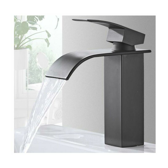 Single-hole waterfall faucet matte black washbasin mixer hand basin faucet with single lever copper hot and cold water mixer for bathroom, orb surface