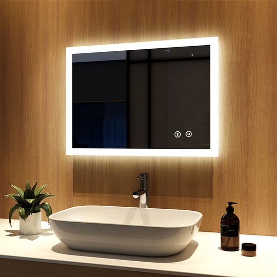 Led Illuminated Bathroom Mirror 70x50cm with Bluetooth and Demister Pad, Wall Mounted Bathroom Mirrors with 3 Light Colors and Shaver Socket