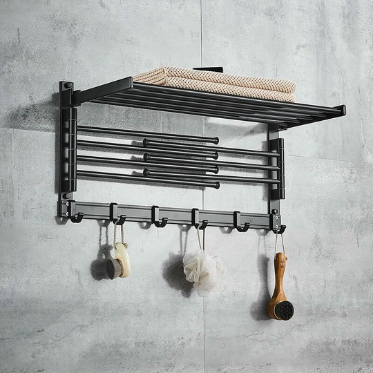 Stainless Steel Towel Rack Black Towel Rail Bathroom Storage Shelf with Multi Towel Bar Wall Mounted Towel Holder with Hooks for Bathroom Hotel