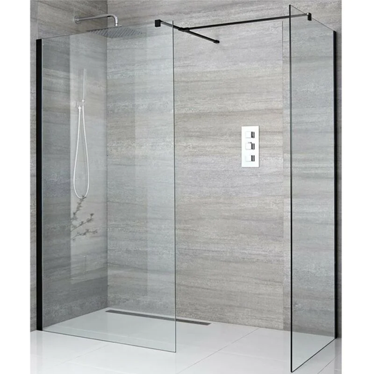 Milano Nero - Corner Walk In Wet Room Shower Enclosure with 1200mm & 900mm Screens, Support Arms and 1200mm Tile Insert Shower Drain - Black
